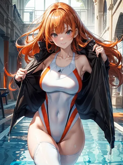 highest quality、All limbs、full finger、Slender beauty、1 female、straight hair woman、((orange hair woman))、medium hair woman、straight hair woman、(beautiful big breasted woman:1.3)、((Black Rider Jacket))、(((white competitive swimsuit:1.3)))、brown pantyhose、Bla...