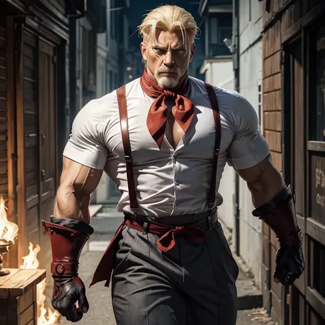 Eagle Street fighter character, age 50, scare on face, white shirt, red mens neckerchief, dark gray pants, black suspender, big muscular body, white gloves, blonde short hair, blonde mustache, very serious face ,two wooden short bow in hands, 