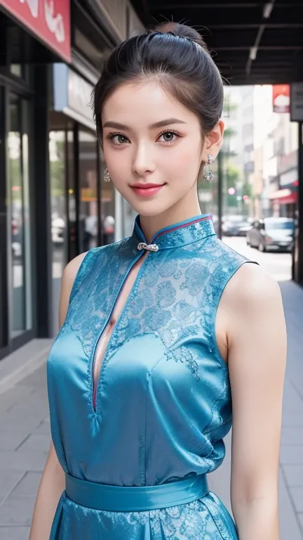 Brunette hair, Slick Back hair, happy face, beauty face, smile, Slim, Thin, Tall, Small Ass, Natural tits, Blue Eyes, Oval Face, Earrings, Park, Posing, Wearing a Light Lotus-Pink Color Lacy Cheongsam, Sleeveless, Viewed from distance, Ballet Flats shoes, ...