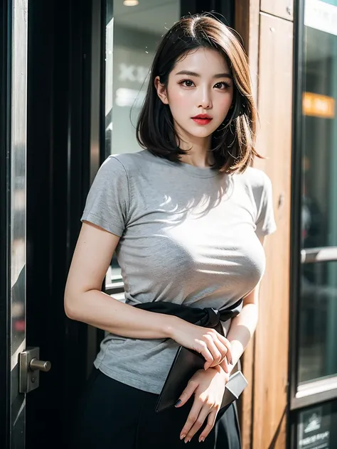 40-year-old slightly plump gray-haired female model，Clear facial features，Clear hair，full-body shot，Plump and plump，business attire，red lips，Heavy makeup，Stylish hairstyle，Become a god，Perfect body，High cooling temperament，8K HD photo，Ultra-clear portraits...