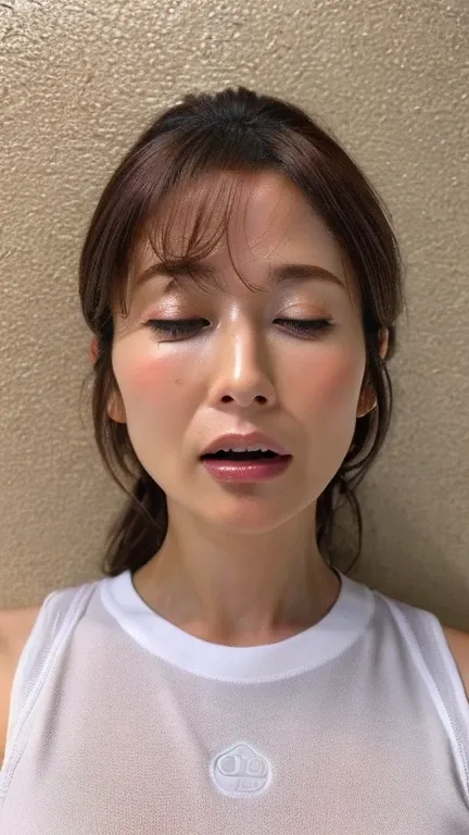 do, highest quality, (Highly detailed CG Unity 8K wallpaper), (highest quality),edge orgasm、((Full body shot 0.85))、woman with open mouth and closed eyes、woman with edge_face、48 years old、brown hair、Bathroom、((Sweat) ),((Sweatで光る肌))((Sweatで光る鎖骨,Sweatで光るfac...