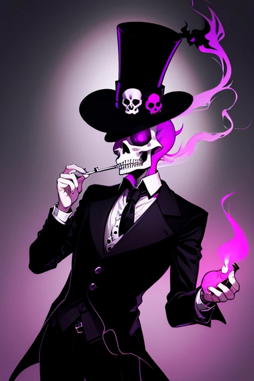 a psychedelic skull wearing a black top hat smoking a cigarette