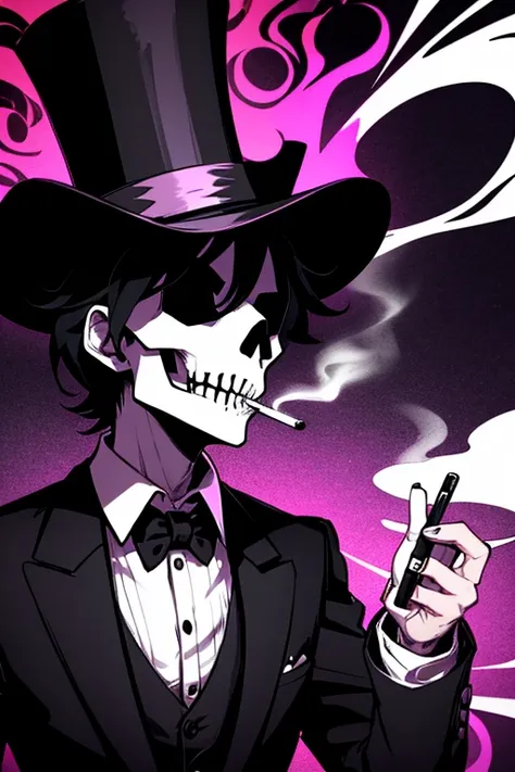 a psychedelic skull wearing a black top hat smoking a cigarette