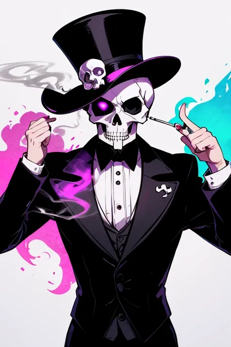 a psychedelic skull wearing a black top hat smoking a cigarette