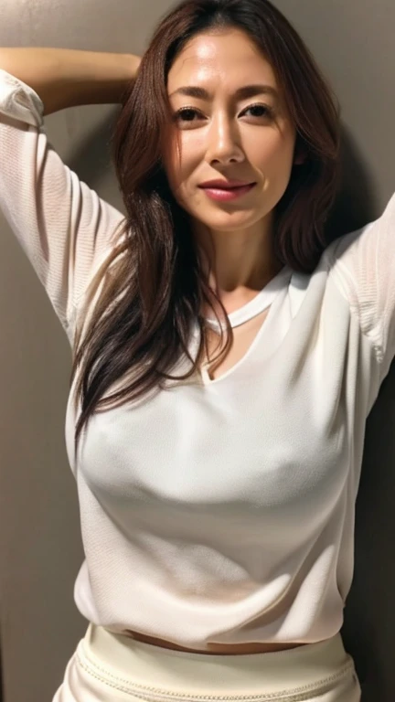 do, highest quality, (Highly detailed CG Unity 8K wallpaper), (highest quality),edge orgasm、((Full body shot 0.85))、woman with edge_face、48 years old、brown hair、Bathroom、((Sweat) ),((Sweatで光る肌))((Sweatで光る鎖骨,Sweatで光るface)),（(Sweatだくの肌))((Sweatで濡れた肌)),　big b...