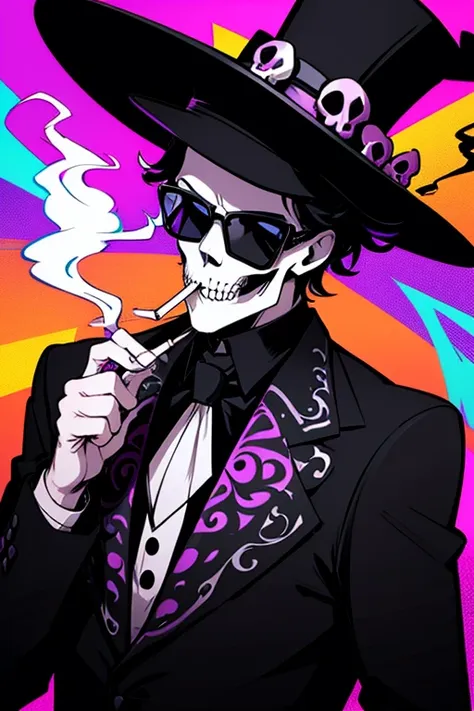 a psychedelic skull wearing a black top hat and sunglasses, smoking a cigarette