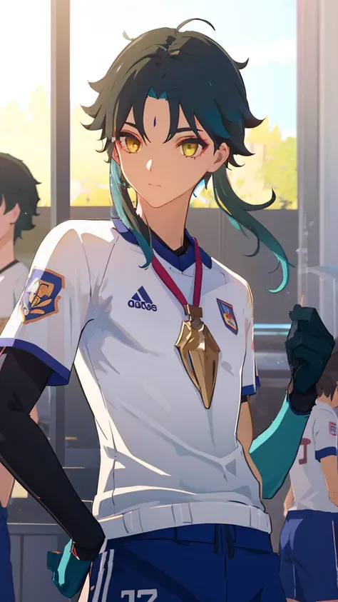 2 boys,dark green hair,highest quality,masterpiece,excessive,male focus,yellow eyes,beautiful eyes,beautiful boy,School,between men,Spouse,soccer club members,Blue soccer uniform,soccer,high school,soccer uniform,blue clothes,soccer court,teammate,same clo...