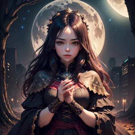 (((medium full shot))), (Masterpiece, best quality, ultra-detailed:1.3), (nice hands, perfect hands), official art, cinematic light, (1girl:1.3), adult, dark forest, moon, stars, red long nails, dark hair, beautiful composition, city in the distance