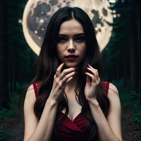 (((medium full shot))), (Masterpiece, best quality, ultra-detailed:1.3), (nice hands, perfect hands), official art, cinematic light, (1girl:1.3), adult, dark forest, moon, stars, red long nails, dark hair, beautiful composition, city in the distance