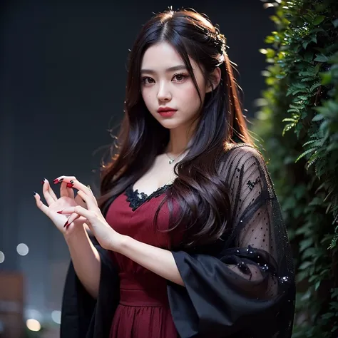 (((medium full shot))), (Masterpiece, best quality, ultra-detailed:1.3), (nice hands, perfect hands), official art, cinematic light, (1girl:1.3), adult, dark forest, moon, stars, red long nails, dark hair, beautiful composition, city in the distance