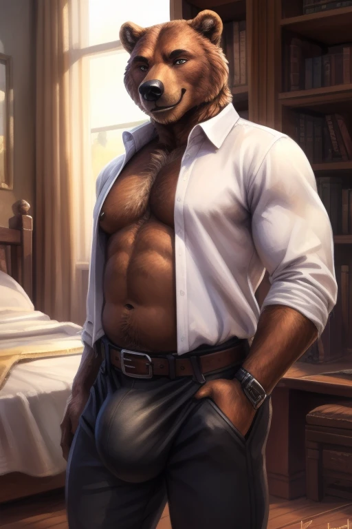 ((solo)), male, anthro (brown bear), ((white shirt, black slacks, open shirt, exposed torso, massive bulge, lot of cum in pants, belt)), ((standing, modern bedroom, detailed background)), ((muscular, beefy:1.4)), by personalami, by ruardri, by thebigslick,...