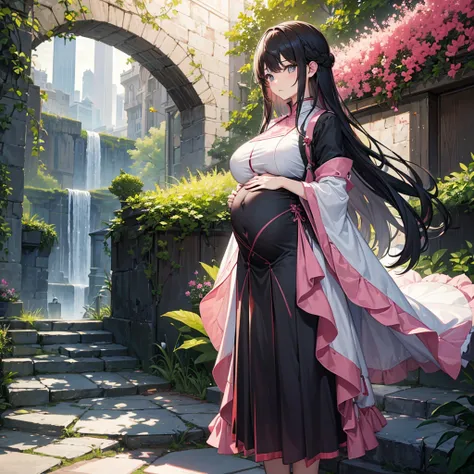 (masterpiece, best quality:1.2), 1 girl, alone,standing_, , long hair，Black无袖短背心，Pink skirt，Black，Pregnant，huge breasts