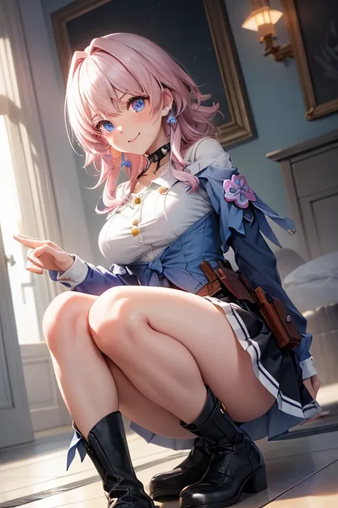 (masterpiece), best quality, expressive eyes, perfect face, 1 girl, solo, march seventh, blue eyes, hair between eyes, medium hair, pink eyes, pink hair, two-tone eyes, breasts, big breasts, large breasts, ankle boots, archery shooting glove, badge, legs, ...