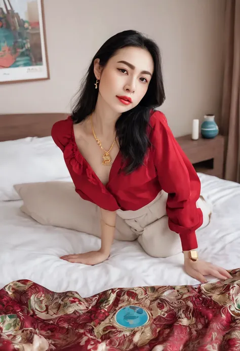 1 girl,8k, masterpiece,on bed, small gold necklace,red shirt