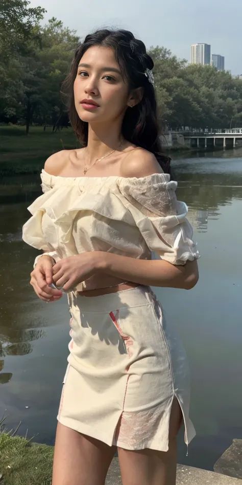 Sweet girly clothes 4,off shoulder dress,jewelry,, saint louis,（Rich picture，Masterpiece quality），Beautiful 8K CG artwork，goddess-like pose，Standing by the river，posture exercises，Sexy atmosphere，translucent skin，Long curly hair， long brown hair, fair and ...