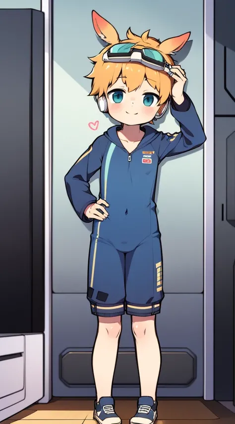 2D Boy Shota，One-piece mountaineering suit，Slim, healthy body，Put the headphones on your head，stand up，goggles，Rabbit ears，happy，Sailor collar，Lovely，love