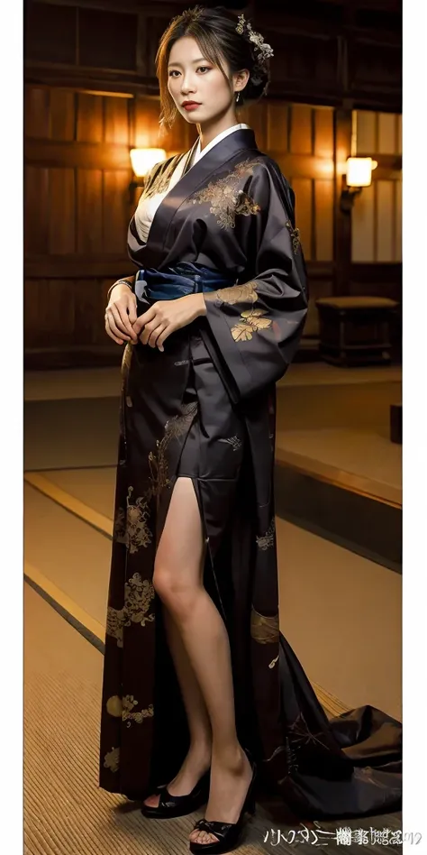 masterpiece, official art, 8K, best quality, Very detailed, mystery, dark, complicated, upscale, auction:1.2, woman, Japanese kimono, 美丽的woman，tall and sexy，Arrogant atmosphere, 性感的Japanese kimono，Slender long legs