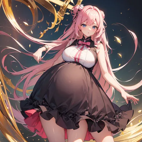 (masterpiece, best quality:1.2), 1 girl, alone,standing_, , long hair，Black无袖短背心，Pink skirt，Black，(Pregnant，huge breasts：1.8)