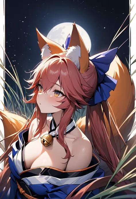 ((masterpiece,highest quality, be familiar with)),
night sky,full moon,Japanese silver grass field, Looking up at the sky in the upper left, Upper body,tamamo no mae, kimono, tall,blue bow, kimono, very long hair, ((Three Tails,thick,fox tail)), wide sleev...