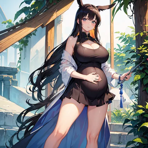 (masterpiece, best quality:1.2), 1 girl, alone,standing_, , long hair，Black无袖短背心，Pink skirt，Black，(Pregnant，huge breasts：1.8)