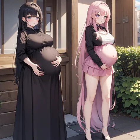 (masterpiece, best quality:1.2), 1 girl, alone,standing_, , long hair，Black无袖短背心，Pink skirt，Black，(Pregnant，huge breasts：1.8)