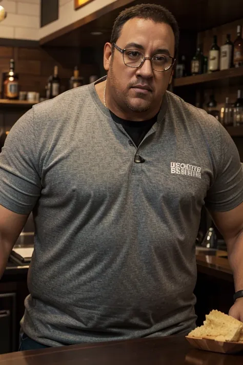 Homem alto e acima do peso, with square glasses, Make a man with obesity. Esse homem deve estar usando roupa vermelha. Ele deve estar dentro de um bar. Hes drinking beer. Foto ultra realista, qualidade 8k, Full HD, efeito cinema na imagem, diferente perspe...