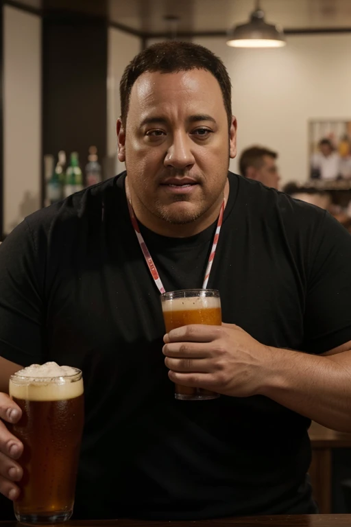 Homem alto e acima do peso, with square glasses, Make a man with obesity. Esse homem deve estar usando roupa vermelha. Ele deve estar dentro de um bar. Hes drinking beer. Foto ultra realista, qualidade 8k, Full HD, efeito cinema na imagem, diferente perspe...