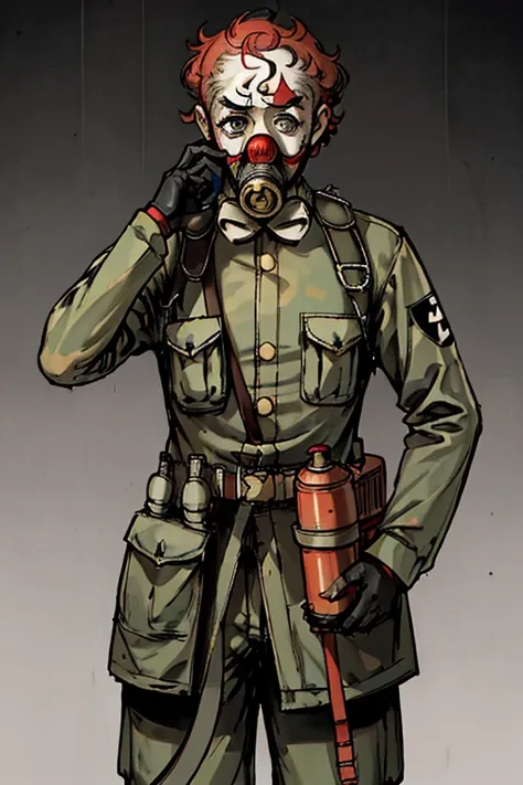 highest quality, High resolution,A man wearing a full-face gas mask、clown、uniform、wearing a full-head gas mask, 

