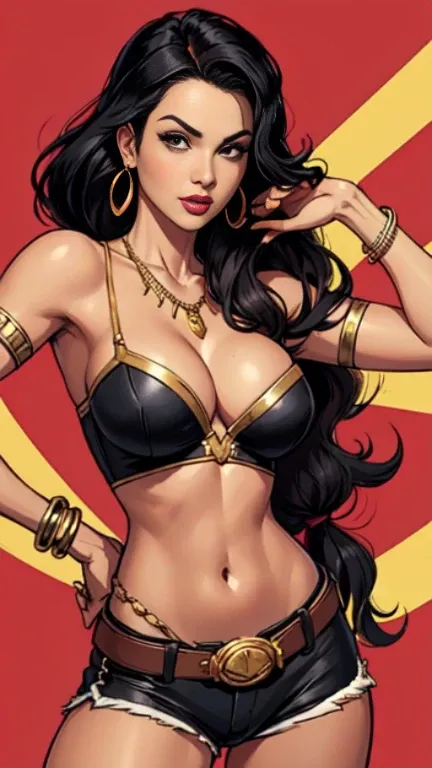 1woman 30year old, pin-up,solo, long hair, looking at viewer, black hair, navel, cleavage, bare shoulders, brown eyes, jewelry, medium breasts, earrings, midriff, belt, necklace, bracelet, lips, armlet, ((dynamic pose)), ((dynamic angle)),