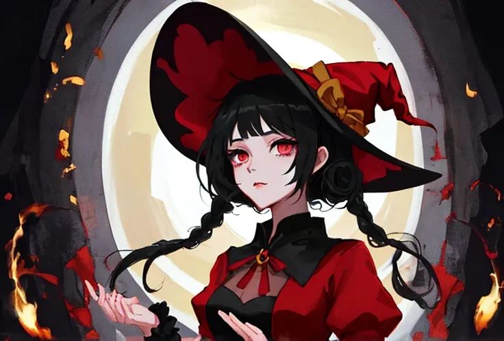 anime girl in a red dress and black hat with a black hat, fashionable dark witch, classical witch, gothic maiden anime girl, castlevania witch, trending on artstation pixiv, guweiz on pixiv artstation, portrait of a young witch girl, guweiz on artstation p...