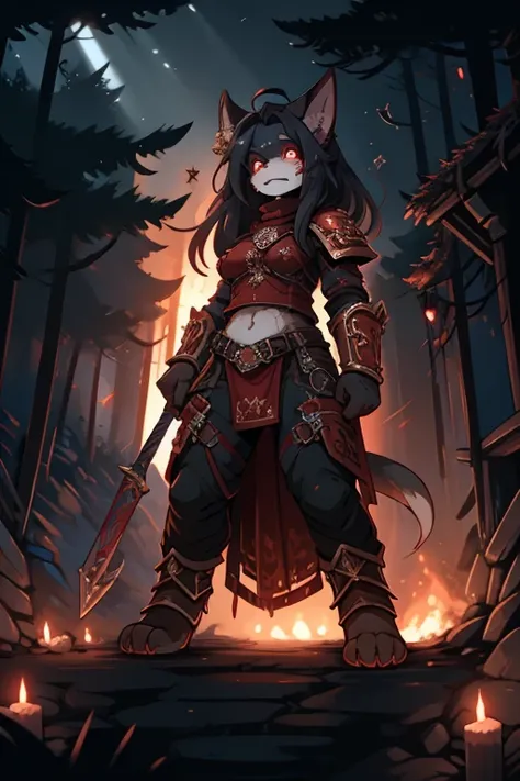 Female Furry cat+red eyes black hair with red-scarlet tips of hair tall, a little plump+ in black knights armor face covered in blood face gloomy and serious+in the forest, one fire, dead demons lie on the ground+smoke from the fire+anime, 
huge muscled fu...