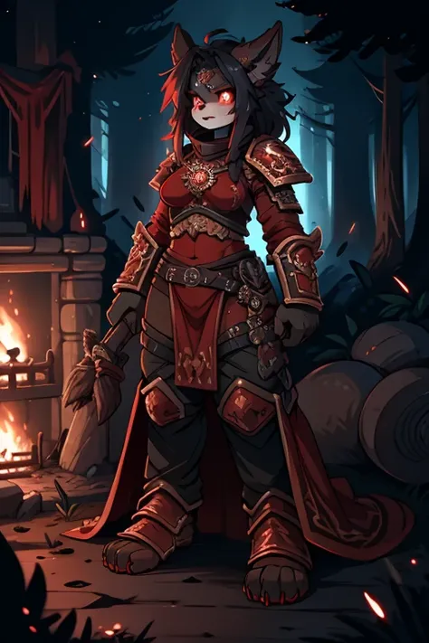 Female Furry cat+red eyes black hair with red-scarlet tips of hair tall, a little plump+ in black knights armor face covered in blood face gloomy and serious+in the forest, one fire, dead demons lie on the ground+smoke from the fire+anime, 
huge muscled fu...