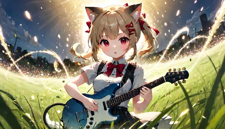 (masterpiece, best quality, very aesthetic, absurdres, general), 1 girl, cat ear, short ponytail, cute, kawaii, blunt bangs, short sideburns, red bow, focus on the face, fisheye, guitar,particles of light,long shot,medium breasts,destroy ,Grassland