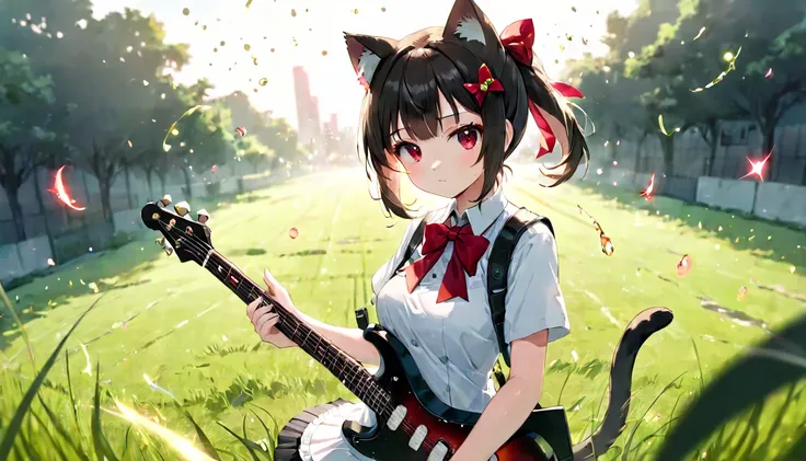 (masterpiece, best quality, very aesthetic, absurdres, general), 1 girl, cat ear, short ponytail, cute, kawaii, blunt bangs, short sideburns, red bow, focus on the face, fisheye, guitar,particles of light,knee shot shot,medium breasts,destroy ,Grassland