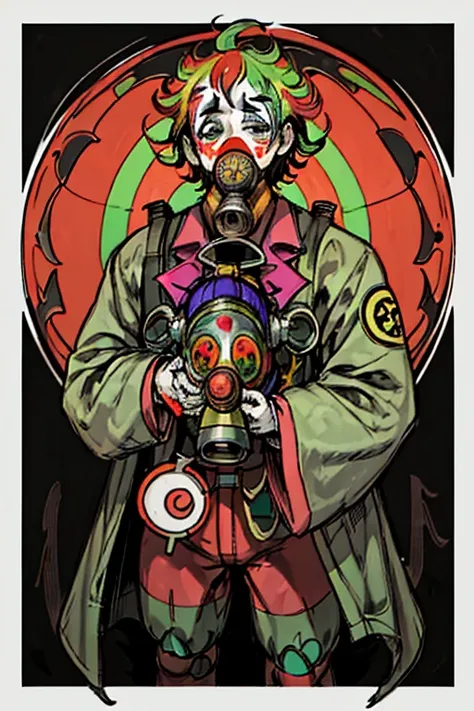 highest quality, High resolution,A man wearing a full-face clown-like gas mask、clown、uniform、（wearing a full-head gas mask）,Psychedelic colors 

