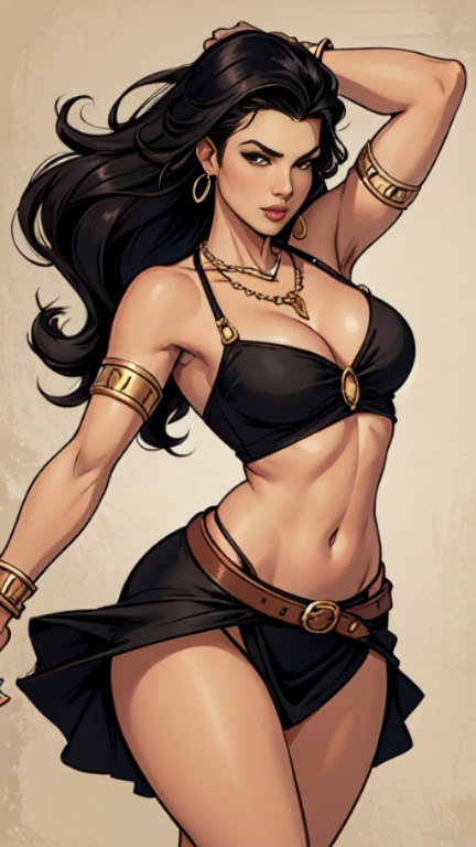 1woman 30year old, pin-up,solo, long hair, looking at viewer, black hair, navel, cleavage, bare shoulders, brown eyes, jewelry, medium breasts, earrings, soft dress, belt, necklace, bracelet, lips, armlet, ((dynamic pose)), ((dynamic angle)),