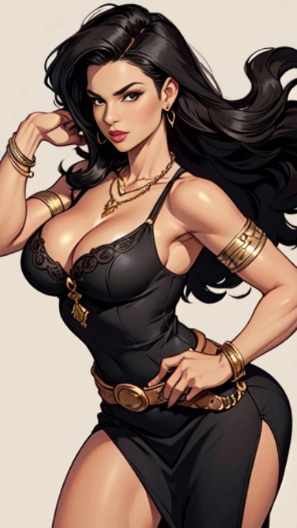 1woman 30year old, pin-up,solo, long hair, looking at viewer, black hair, cleavage, bare shoulders, brown eyes, jewelry, medium breasts, earrings, slit soft dress, belt, necklace, bracelet, lips, armlet, ((dynamic pose)), ((dynamic angle)),