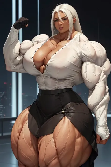 (((((Massive beautiful, buff, bulky, brown skinned muscular, woman with white hair, ginormous bulky muscles and wearing a white unbuttoned long sleeve blouse and a black skirt))))), close view, ((sunglasses)), vascular, massive muscle, massive biceps, hype...