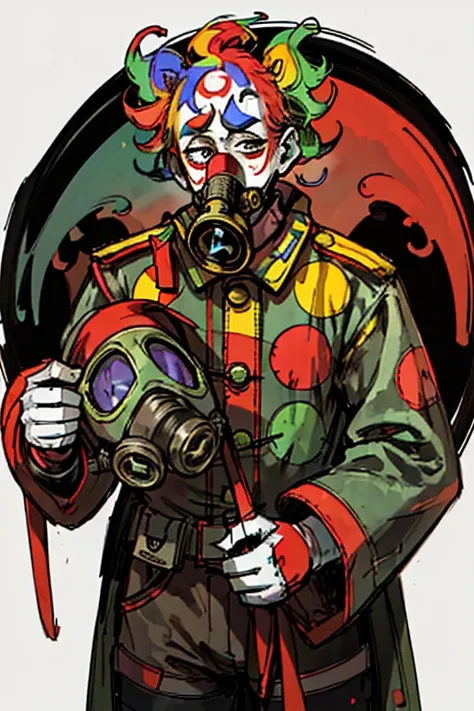 highest quality, High resolution,A man wearing a full-face clown-like gas mask、clown、uniform、（wearing a full-head gas mask）,Psychedelic colors 、Helmet

