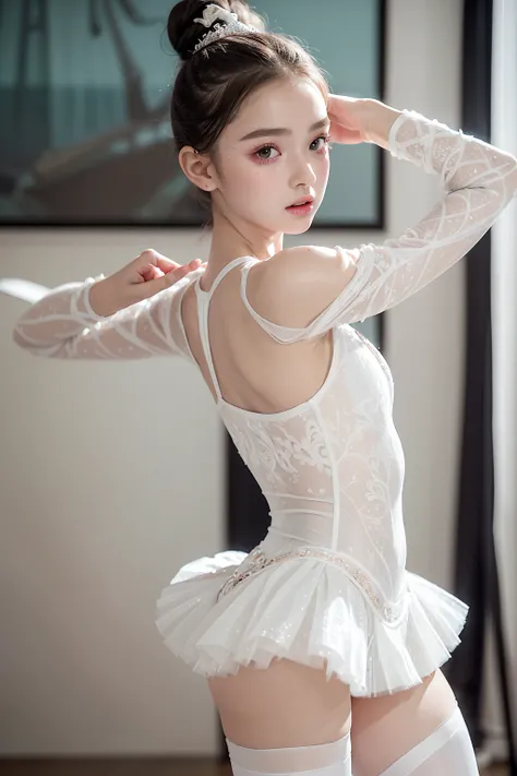 1 beautiful 10yo woman,(hyper detailed:1.5), masterpiece, photorealistic, realistic skin, full body,(white ballerina uniform:1.4),(mini skirt), full body,dynamic pose, (hair bun,top knot:1.0),  (realistic skin),(sweaty skin:1.1),(oily skin:1.1),arched back...