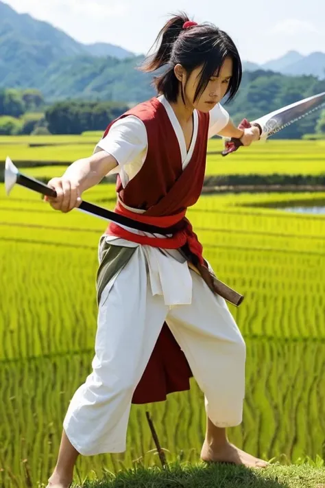 Male swordsman using two swords、The background is rice fields、Holding one sword in each hand。
anime style character、uncle、red headband