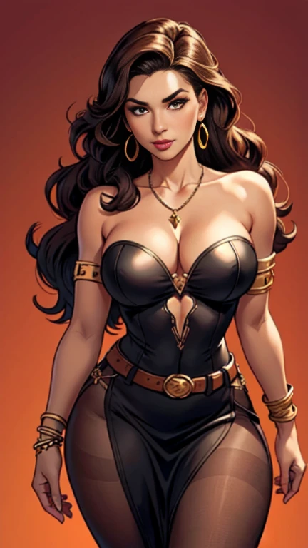 1woman 30year old, pin-up,solo, long hair, looking at viewer, long curly hair, cleavage, bare shoulders, brown eyes, jewelry, medium breasts, earrings, slit soft dress, pantyhose,belt, necklace, bracelet, lips, armlet, ((dynamic angle)),