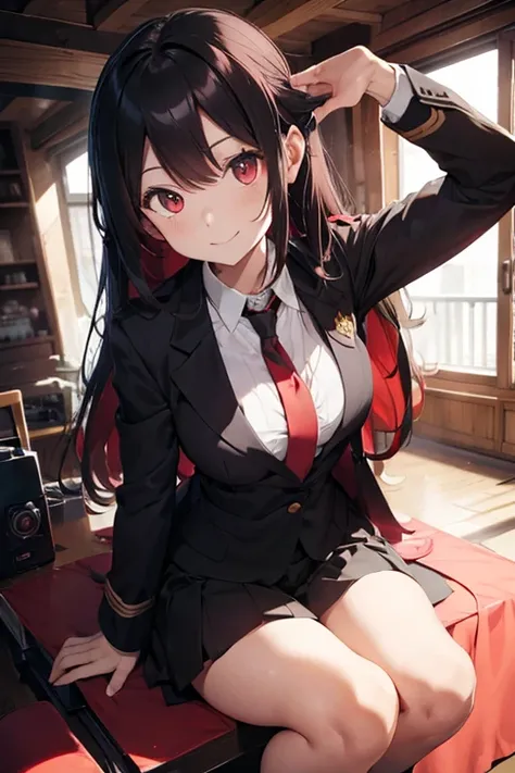 Long hair red,blazer black,Large chest eyes,woman,cool,Eyes,10 equipment,smile,uniform