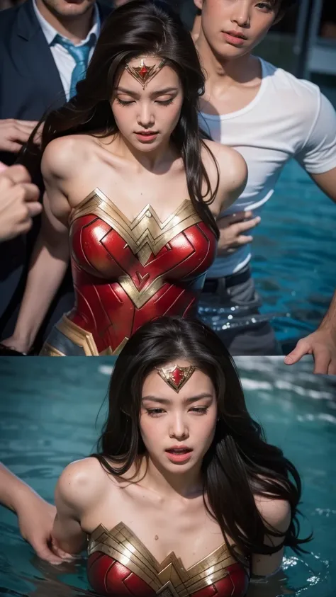 in water,perfect wonder woman costume,whole body,Having your head held down under water,Being submerged in a pool,Drowning in the pool,Face submerged in water,in waterに潜る,Submerge your face in water,inside the pool,Inside the fountain,Soaked in water,Soaki...