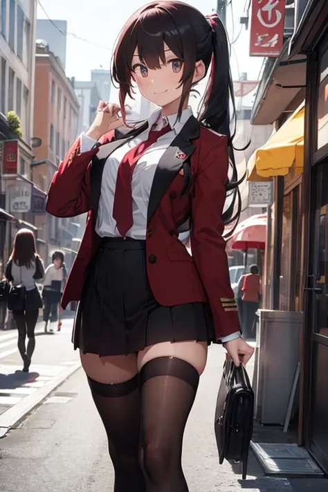 Long hair red,blazer black,Large chest eyes,woman,cool,Eyes,10 equipment,smile,uniform,School