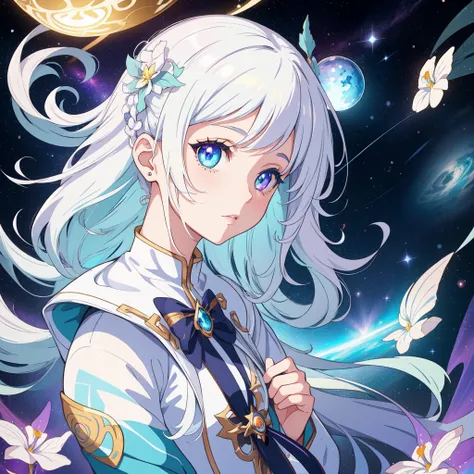 A girl in space captivates with her ((heterochromatic eyes)), each iris displaying a unique and enchanting color combination. Her eyes shimmer like celestial gems, reflecting the wonders of the cosmos. The illustrative style takes inspiration from the ethe...