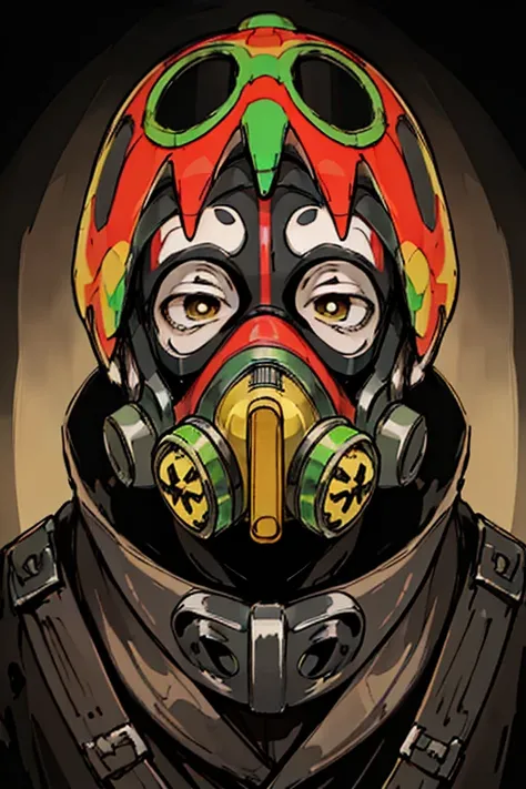 highest quality, High resolution,（A man wearing a full-face clown-like gas mask）、uniform、Psychedelic colors 、Helmet

