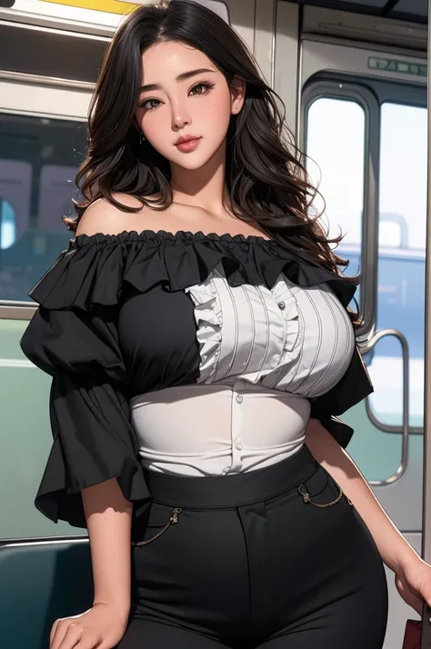 (nsfw),masterpiece,ultra detailed,sharp focus,high resolution,plump female,baby face,(tareme,beautiful),black frilled and off-the-shoulder blouse,untucked blouse,pants,(happy),(blouse untucked:1.3),,black wavy hair,thick thighs,big breasts,in train