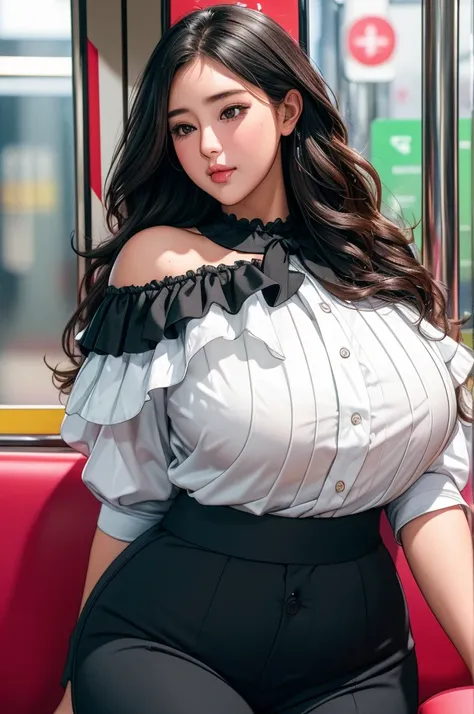 (nsfw),masterpiece,ultra detailed,sharp focus,high resolution,plump female,baby face,(tareme,beautiful),black frilled and off-the-shoulder blouse,untucked blouse,pants,(happy),(blouse untucked:1.3),,black wavy hair,thick thighs,big breasts,in train