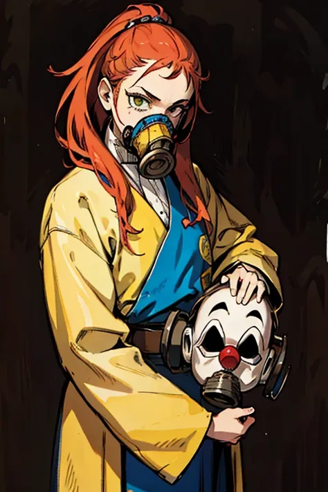 highest quality, High resolution,A man wearing a full-face clown-like gas mask、clown、uniform、（wearing a full-head gas mask）,Psychedelic colors 、Helmet

